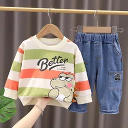 POP STREET KIDS Cotton Knit Full Sleeves Better Text Printed Rugby Striped Light Winter Sweatshirt & Jeans Set - White-picture-33