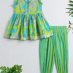 The Magic Wand Cotton Woven Sleeveless Floral Printed & Gota Lace Embellished Kurti With Harem Pants Set - Green-picture-36