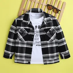 Ministitch Denim Woven Full Sleeves Plaid Checked Shacket With The Predators Text Printed Tee - Black-picture-23
