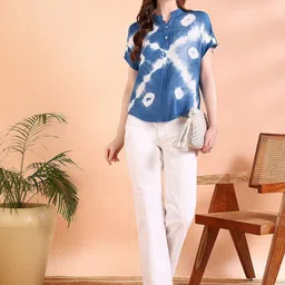 Chandbaali Tie and Dye Dyed Mandarin Collar Roll-Up Sleeves Shirt Style Top image 2