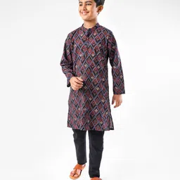 Earthy Touch Cotton Woven Full Sleeves Kurta Pyjama Set Printed - Brown image 2
