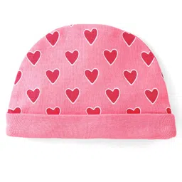 Babyhug 100% Cotton Interlock Knit Cap Mittens And Booties Heart Print - Pink image 3