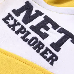 Babyhug Cotton Fleece Knit Full Raglan Sleeves Front Open Hooded Sweatjacket with Cut & Sew Design & Text Embroidery - Yellow image 3