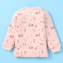 Cucumber Sinker Knit Full Sleeves Front Open Night Suit With Teddy & Scooters Print - Peach image 3