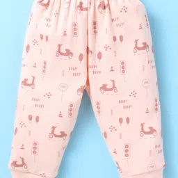 Cucumber Sinker Knit Full Sleeves Front Open Night Suit With Teddy & Scooters Print - Peach image 4