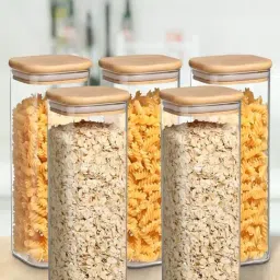 ALLO Transparent Borosilicate Glass Square Jar with Wooden Lid - Set of 5 (600 ml)-picture-35