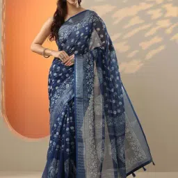 Libas Blue Regular Fit Printed Saree With Unstitched Blouse-image-51