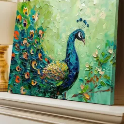 Art Street Green Canvas Abstract Palette Knife of Peacock Stretched Wall Art image 4