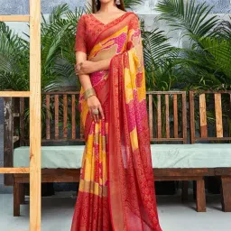 Satrani Red & Yellow Printed Saree With Unstitched Blouse-image-92