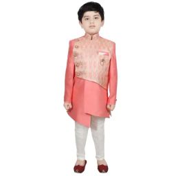 SG Yuvraj Kids Peach & White Printed Sherwani with Pyjama-picture-34