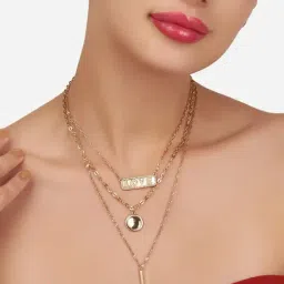 Zaveri Pearls Gold Tone 3 Layers Contemporary Love Chain & Earring Set-ZPFK12069-picture-28