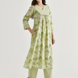 Rustorange Lime Green Printed A Line Kurta image 4