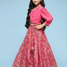 Biba Girls Pink Printed Embellished Lehenga Set image 4