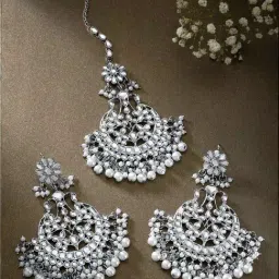 Peora Kundan Faux Beads Earrings Maang Tikka Set-image-34