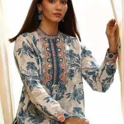 Biba Grey & Blue Cotton Floral Printed Kurta With Pant image 5