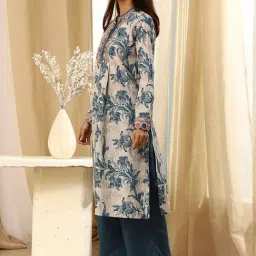Biba Grey & Blue Cotton Floral Printed Kurta With Pant image 3