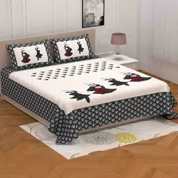 KD PRINTS Off White & White Ethnic Motifs 180 TC King Bedsheet with 2 Pillow Covers-picture-29