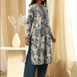 Biba Grey & Blue Cotton Floral Printed Kurta With Pant image 4