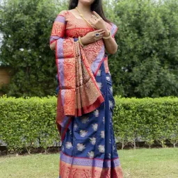 SHUBHKALA Blue & Red Silk Woven Saree With Unstitched Blouse-picture-17