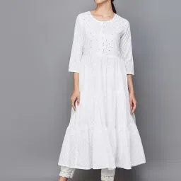 Melange by Lifestyle Off-White Cotton Floral Print A Line Kurta-image-7