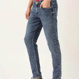 United Colors of Benetton Men Navy Slim Tapered Fit Mid-Rise Acid Washed Stretchable Jeans image 2