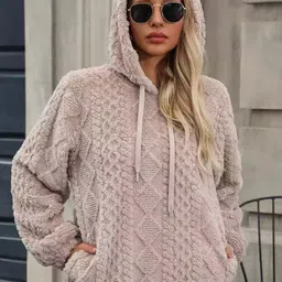 Oh Rare Women Cable Knit Hooded Pullover with Fuzzy Detail-picture-17