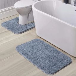 OBSESSIONS Anti-Skid Polyester Bath Mat and Contour Mat, Grey (Set of 2)-image-8