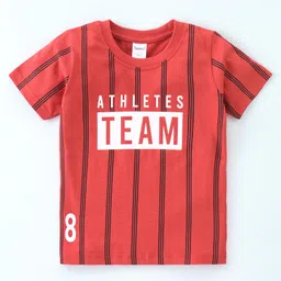 Taeko Cotton Jersey Half Sleeves T-Shirt With Text & Striped Print - Red-picture-23