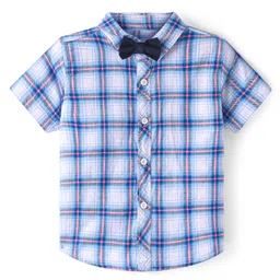 Babyhug 100% Cotton Woven Half Sleeves Regular Collar Checked Shirt with Bow - Blue-picture-20