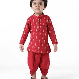 Earthy Touch 100% Cotton Knit Full Sleeves Floral Print Kurta Dhoti Set - Red-picture-24
