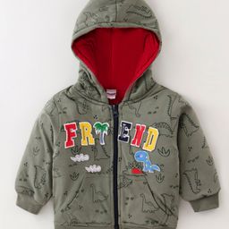 Cucumber Full Sleeves Hooded Sweatjacket With Dino Print & Patch Work Detailing - Olive Green-picture-4