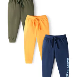 Babyhug Single Jersey Knit Full Length Lounge Pants with Text Print Pack of 3 - Navy Blue Olive Green & Lemon-picture-15