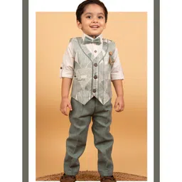 LITTLE COLLARS Linen Full Sleeves Abstract Printed 3 Piece Party Suit Set - Green-picture-25