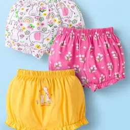 Babyhug 100% Cotton Single Jersey Knit Bloomers With Floral & Animal Print Pack Of 3 - Pink White & Yellow-image-99