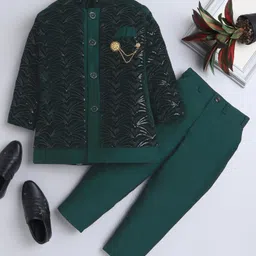 Ahhaaaa Velvet Full Sleeves Threadwork Embroidered Sequins Embellished Indo Western Style Kurta Pant Set - Green-picture-24