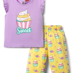 Babyhug Cotton Knit Frill Sleeves Capri Night Suit With Cup Cakes Print - Lavender-image-62