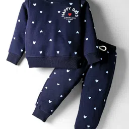 Smarty Girls Fleece Knit Full Sleeves Co-ords Winter Wear Night Suit With Hearts Print - Navy Blue-picture-18