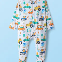 Babyhug Cotton Knit Full Sleeves Front Open Footed Sleep Suit with Vehicle & Animal Print - White-picture-37