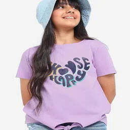Bonkids Cotton Knit Half Sleeves Happy Text Printed Tie Up Tee - Lavender image 1