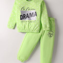 Olio Kids Looper Knit Full Length Polka Dots & Text Printed Winter Wear Sweatshirt & Pant Set - Light Green-picture-15