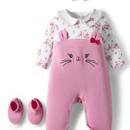 Babyhug 100% Cotton Knit Full Sleeves Bunny Embroidered Romper With Hairband & Booties - Pink-image-63