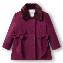 Babyhug Woven Full Sleeves Solid Trench Coat With Bow Applique & Fur Collar - Wine-picture-23