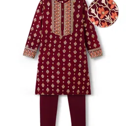 EARTHY TOUCH Single Jersey Knit Full Sleeves Kurta Pajama Set With Floral Print - Maroon-picture-22