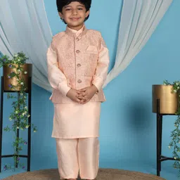 P-MARK Silk Woven Full Sleeves Solid Kurta Pant With Abstract Embroidered Jacket Set - Peach-picture-21