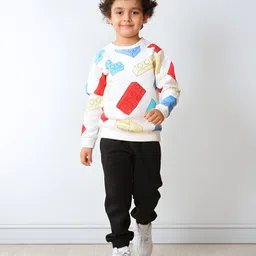 Anthrilo Fleece Knit Full Sleeves Blocks Printed Sweatshirt With Joggers - Off White & Black-picture-38