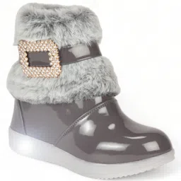 Lil Lollipop Stone Embellished Metal Applique & Fur Detailed Gloss Finish LED Boots - Grey-picture-16
