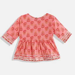 READIPRINT Three Fourth Sleeves Lace Embellished Floral Motif Printed Angrakha Style  Kurta With Sharara - Red image 3