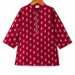 Babyhug Woven Full Sleeves Foil Printed Kurta Dhoti Set With Embroidery - Maroon image 2
