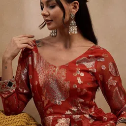 MABISH by Sonal Jain V-Neck Ethnic Motifs Woven Design Mirror Work Kurta with Palazzos image 2