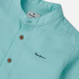 Pepe Jeans Cotton Blend Woven Full Sleeves Mandarin Collar Solid Shirt - Blue image 3